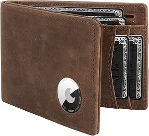 LORZOR brown leather AirTag wallet with bifold design and front tracker slot thumbnail